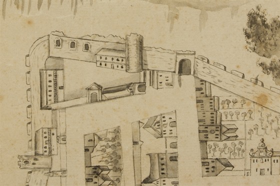 Pozůstatky gotického litoměřického hradu na městském plánu z roku 1738.