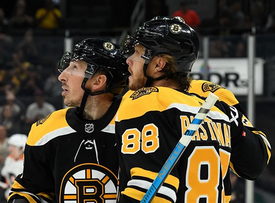 Bostonské duo Brad Marchand (vlevo) a David Pastr�ák se dívá na záznam gólu.