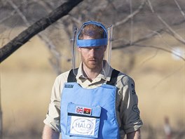 Princ Harry prochází minovým polem v Angole (Dirico, 27. záí 2019).