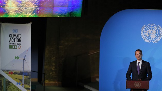 eck premir Kyriakos Mitsotakis pi projevu na klimatickm summitu OSN v New Yorku (23. z 2019)