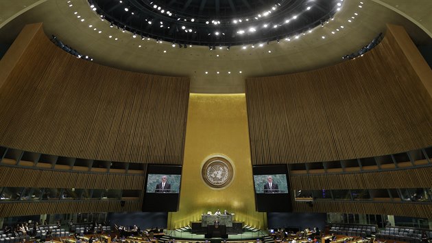 Andrej Babi bhem svho projevu na Valnm shromdn OSN.
