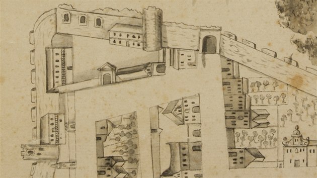 Pozůstatky gotického litoměřického hradu na městském plánu z roku 1738.