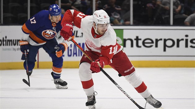 Filip Zadina (11) z Detroitu to v duelu s New York Islanders.