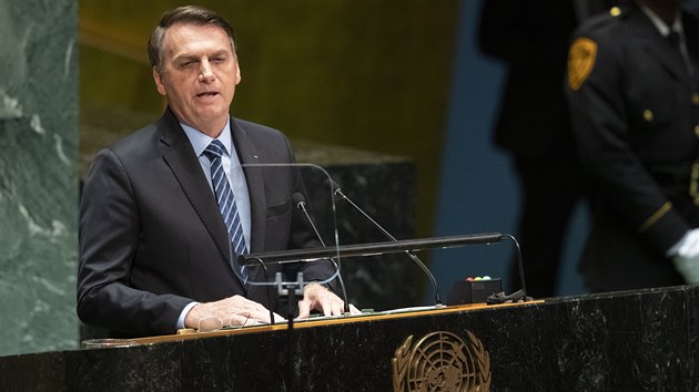 Brazilský prezident Jair Bolsonaro hovoří na 74. zasedání Valného shromáždění OSN. (24. září 2019)