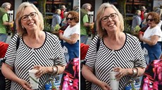 P�edsedkyn� Strany zelených Elizabeth Mayová se na upraveném snímku usmívá a v...