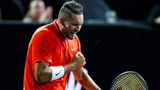 Nick Kyrgios z výbru svta se povzbuzuje na Laver Cupu.