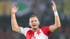 Vladimír Coufal ze Slavie se raduje v derby se Spartou.