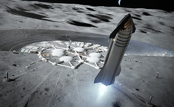 (ilustrace) Starship u základny na našem Měsíci