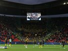 Rozcviení fotbalist Dortmundu ped utkáním Ligy mistr na Slavii.