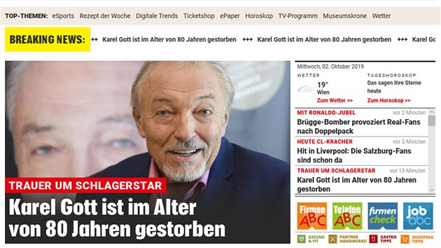 Zprva o mrt zpvka Karla Gotta na rakouskm zpravodajskm serveru Kronen Zeitung.