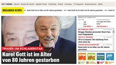 Zpráva o úmrtí zpváka Karla Gotta na rakouském zpravodajském serveru Kronen...