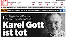 Zpráva o úmrtí zpváka Karla Gotta na nmeckém zpravodajském serveru Bild.
