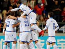 Fotbalisté Arménie se radují z gólu v zápase s Lichtentejnskem v rámci...