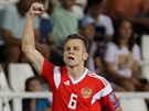 Ruský fotbalista Denis eryev slaví svou trefu do sít Kypru v kvalifikaci na...