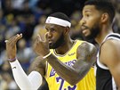 LeBron James (vlevo) z LA Lakers ladí souhru v píprav s Brooklyn Nets v...