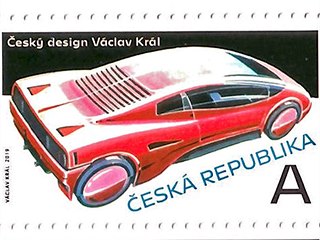 Poštovní známka s motivem futuristického návrhu automobilového designéra...