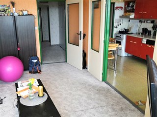 Původní obývací pokoj s pohledem do kuchyně: předchozí majitel jen natřel...