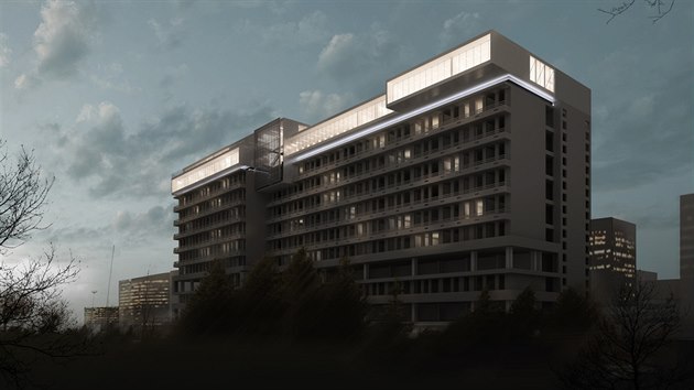 Vizualizace budoucí nástavby na jedné z budov Fakultní nemocnice v Plzni na Lochotíně. Sloužit bude registru dárců dřeně a hematologicko-onkologickému oddělení.