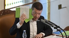Místopedseda Poslanecké snmovny a éf SPD Tomio Okamura hovoí k poslancm...