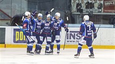 Hokejisté Brna se radují z gólu do sít Olomouce.