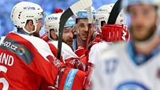 Pardubití hokejisté se radují z gólu v utkání s Plzní.