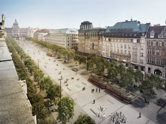 Nová vizualizace rekonstrukce Václavského náměstí s tramvajovou tratí vedenou...