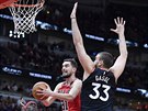 Tomá Satoranský z Chicaga proniká obranou Toronta, Marc Gasol ho nezastavil.