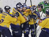 Zlínští hokejisté se radují z gólu v utkání s Mladou Boleslaví.