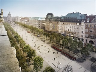 Nová vizualizace rekonstrukce Václavského náměstí s tramvajovou tratí vedenou...