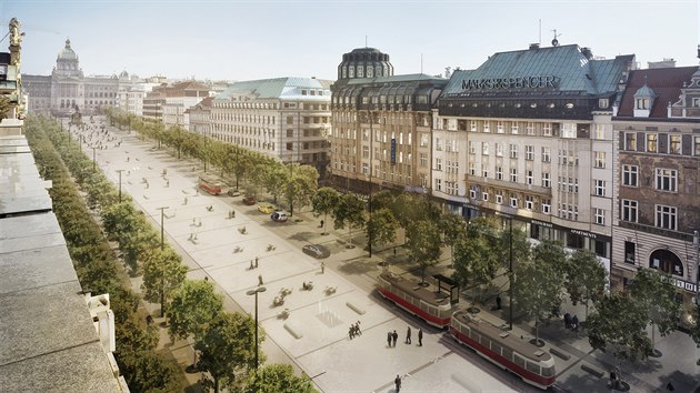 Nová vizualizace rekonstrukce Václavského náměstí s tramvajovou tratí vedenou po boku ulice. (21. 10. 2019)