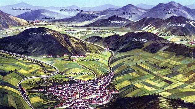 Prvorepublikov� pohlednice, zychycuj�c� �elezni�n� tra� mezi Prachaticemi a Volary