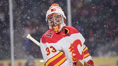 David Rittich se ohlíí za kotouem pi utkání pod irým nebem mezi Calgary a...