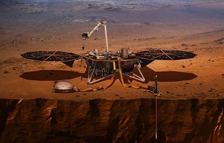 Pohled na sondu InSight na Marsu. Vlevo dole jsou seismometry SEIS, vpravo Krtek, ovem na ilustraci znázornný v hloubce, do které se zatím ani zdaleka nedostal.