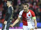 Slávistický kapitán Tomáš Souček se raduje z gólu v ligovém utkání proti Baníku...