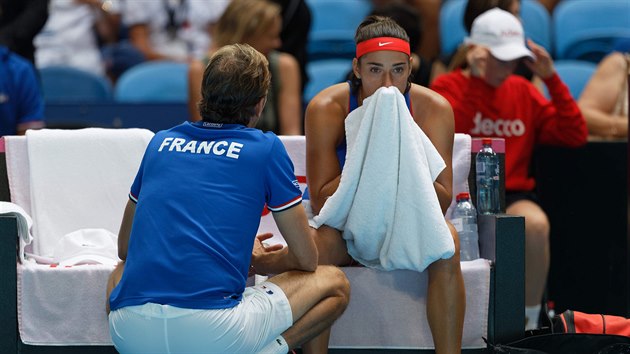 Francouzsk kapitn Julien Benneteau se pokou nabudit frustrovanou Caroline Garciaovou ve finle Fed Cupu.