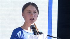 Klimatická aktivistka Greta Thunbergová pronesla e na protestu za vtí...