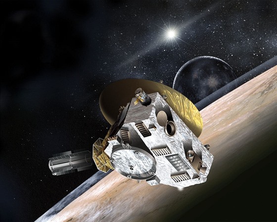 Sonda New Horizons nad Plutem v představě ilustrátora NASA