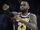 LeBron James z LA Lakers oslavuje svou trojku proti Sacramentu.