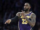 LeBron James z LA Lakers oslavuje svou trojku proti Sacramentu.