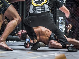 MMA zápasník Karlos Vémola leí na zemi, od Attily Végha schytal K.O.