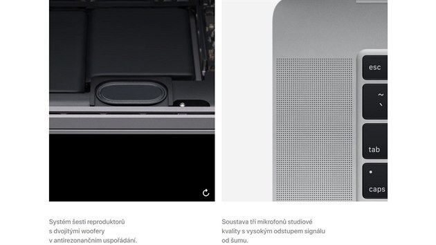 Zvuk u novho 16" MacBooku Pro zajiuje estice reproduktor s dvojitmi woofery v antirezonannm uspodn.