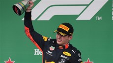 Max Verstappen z Red Bullu se raduje z triumfu ve Velké cen Brazílie formule 1.