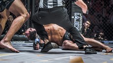 MMA zápasník Karlos Vémola leí na zemi, od Attily Végha schytal K.O.