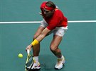 Rafael Nadal ze panlska se soustedí na úder ve finále Davis cupu v Madridu.