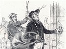 Lovec se vrací dom. A pivezl si parohy. Anglická karikatury z roku 1840 se...