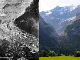 Na snímku vlevo je zachycen výcarský ledovec Grindelwald roku 1865. Na...
