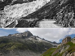 Na snímku nahoe je ledovec Rhone a hotel Belvedere v roce 1938 ve výcarském...