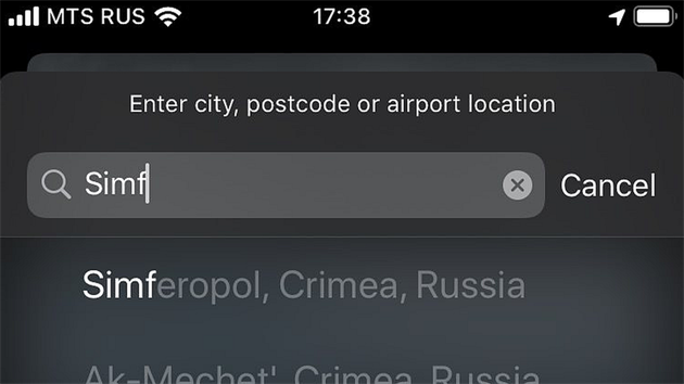 Naeptva Apple Weather dopluje uivatelm v Rusku napklad nzev msta Simferopol, kter le na Krymu, nzvem sttu Russia (Rusko)