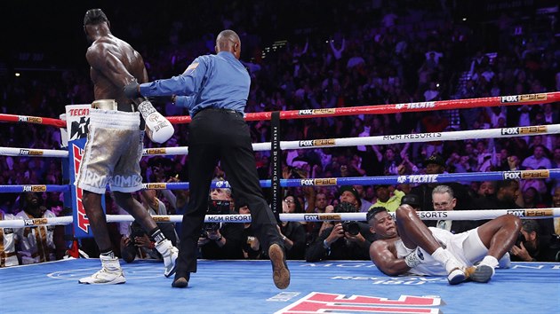 Deontay Wilder poslal k zemi Luise Ortize v souboj o titul mistra svta tk vhy organizace WBC v Las Vegas.