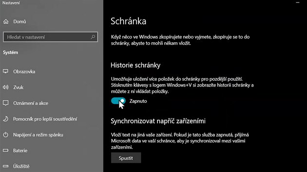 Aktivujte funkci Historie schrnky v Nastaven schrnky
